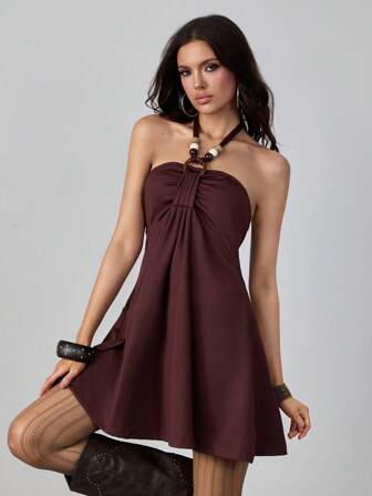 Hippie Vestido corto con bajo acampanado para mujer, con collar de cuentas de madera con estilo hippie retro