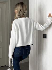 EURMUSE Soft Fine-Knit Long-Sleeve Pullover With Ribbed Hem And Collar, Contrast Stripe Detailing,Jumper,Cream Jumper,Jumpers For Women,Jumpers,Black Jumper,Womens Jumper,White Jumper,Women's Jumper,Women's Jumpers,Winter Clothes - White - View 2