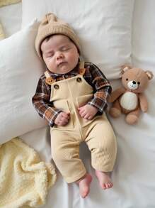 SHEIN 2 pezzi/set Camicia a maniche lunghe con colletto e pantaloni salopette con ricamo a testa d'orso sulla tasca, adatto per bambino unisex, adatto per primavera e autunno, uso quotidiano, viaggi, attività all'aperto, ritorno a scuola, abbigliamento neonato, salopette in velluto a coste per bambino, outfit autunnale per bambino 3M-3T, tutina per neonato, set tutina per neonato - Multicolore - Visualizzare 1