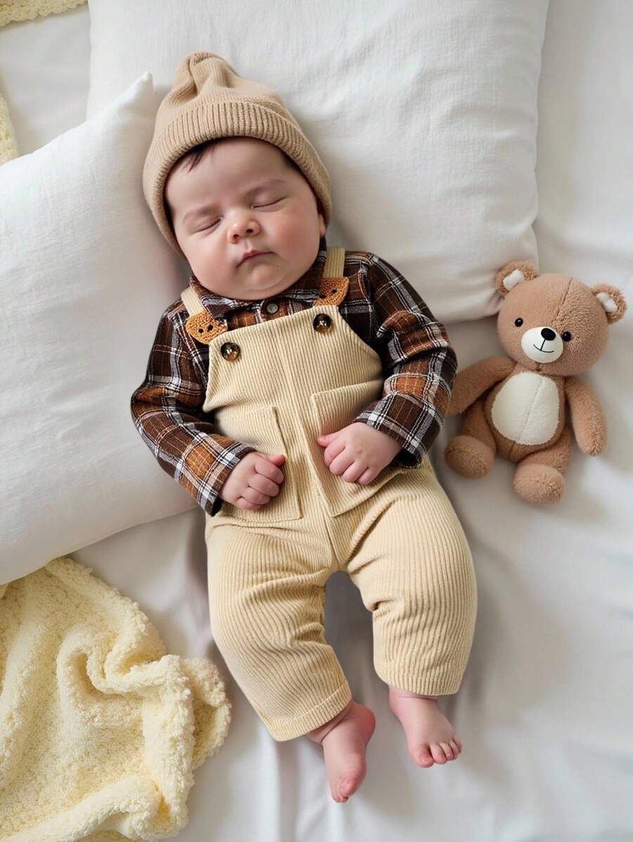 SHEIN 2 pezzi/set Camicia a maniche lunghe con colletto e pantaloni salopette con ricamo a testa d'orso sulla tasca, adatto per bambino unisex, adatto per primavera e autunno, uso quotidiano, viaggi, attività all'aperto, ritorno a scuola, abbigliamento neonato, salopette in velluto a coste per bambino, outfit autunnale per bambino 3M-3T, tutina per neonato, set tutina per neonato - Multicolore - Visualizzare 1