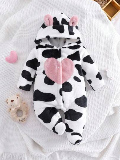 新生儿拼布爱心动物耳朵奶牛印花长袖连帽连体衣睡衣