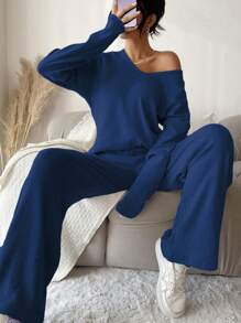 SHEIN Cottnline طقم بنطال طويل بأكمام طويلة ولون سادة للحياة اليومية قطعتين للنساء متعدد الاستخدامات - الأزرق - مشاهدة 3