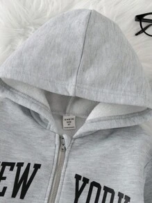Elladie kids 3 pièces/Set Tenue à capuche pour tout-petites filles, Automne/Hiver Nouveau, comprenant un Sweat-shirt à capuche zippé, un Top à manches courtes, un pantalon de survêtement à manches longues, un Sweat-shirt gris à capuche à motif floral, imprimé "NEW YORK 1989", un pantalon de survêtement gris assorti et un t-shirt, confortable, décontracté, coupe ample, adapté pour le port quotidien et sportif - Multicolore - Voir 3