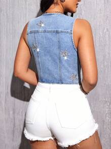 Selenza Của phụ nữ Denim Áo khoác vest Với Hình sao Kim sa Đồ trang trí - Màu xanh lam - Xem 3