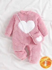 SHEIN Playful Pals 1pc Baby Girls Long Sleeve Fleece Romper, Heart Embroidery Fluffy Pink Jumpsuit With Crossbody Bag, Soft & Warm, Reinforced Crotch, Daily Casual Outfit For Winter