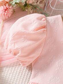 Elladie kids Elladie 女童夏季優雅甜美泡泡袖洋裝，粉色梭織提花面料，柔軟舒適，露背蝴蝶結裝飾可拆卸，適合休閒時尚、旅行、日常穿著、運動、校園穿搭、派對、生日禮物、度假風、夏季穿搭、畢業禮服、優雅造型 - 粉色 - 查看 4