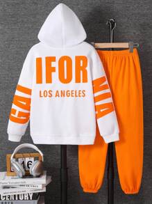 Tween Boy Casual Loose Letter Graphic Hoodie & Elastic Waist Pants Set,White Autumn Streetwear School Back-To-School 2pc Teen Boys Sweatsuit Joggers - Orange - View 2