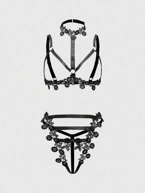 Goth Gothic Water-Soluble Lace Hollow Out Halter Sexy Lingerie Set