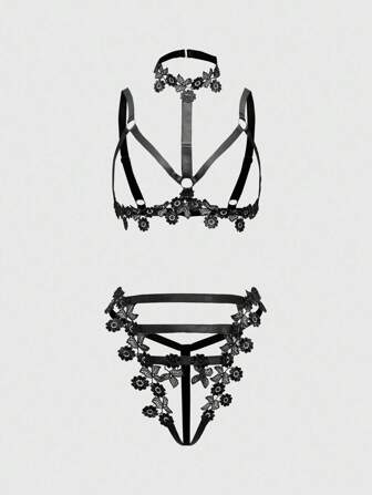 Goth Ensemble de lingerie gothique sexy avec décolleté ras-du-cou et dentelle ajourée soluble dans l'eau