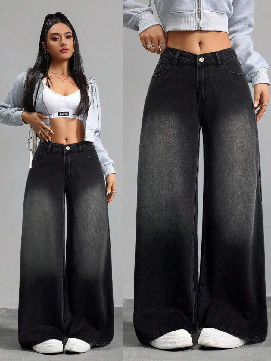 SHEIN Tall Quần Jeans Ống Rộng Cạp Thấp Có Túi Cho Nữ, Kiểu Dáng Thoải Mái Thường Ngày, Đa Năng