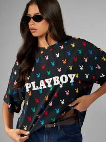 Missguided x Playboy Iconic Bunny Print Oversized T Shirt All Over Pattern Festival Design Casual Summer Streetwear Boxy Fit Graphic Logo Retro Aesthetic Rainbow Print - Black - View 1