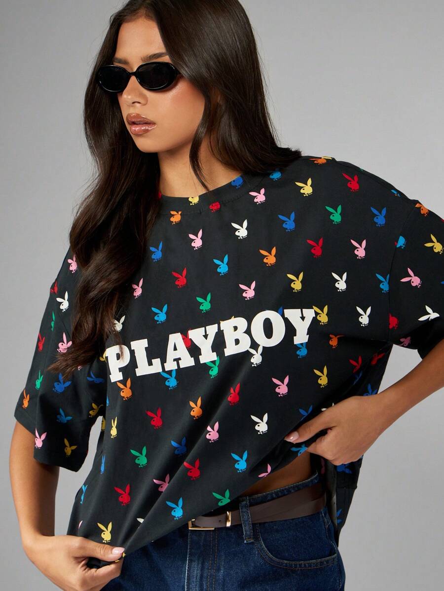 Missguided x Playboy Iconic Bunny Print Oversized T Shirt All Over Pattern Festival Design Casual Summer Streetwear Boxy Fit Graphic Logo Retro Aesthetic Rainbow Print - Black - View 1