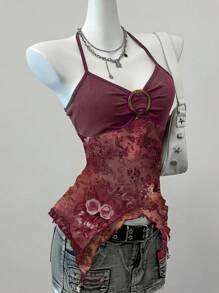 SHEIN EZwear 女士休闲简约印花网眼背心，适合夏季 - 玫紅色 - 查看 3