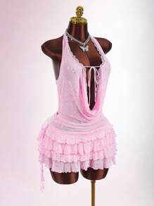 Amplova Sexy Plunging Neck Layered Women Mini Dress - Pink - View 5
