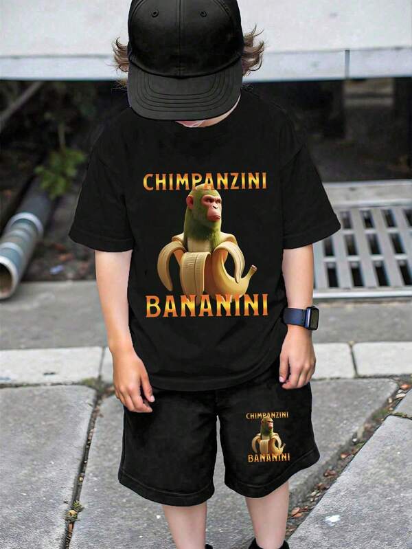 Young BoyShort Sleeve T-Shirt + Black Shorts 2-Piece Set - Multi-Color