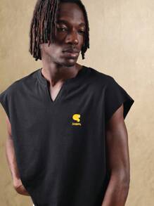 SUMWON Débardeur streetwear sans manches, style rétro hip hop, épaules dénudées, t-shirt sport muscle, logo graphique, mode urbaine unisexe, porter pour les festivals d'été, décontracté - Noir - Voir 1