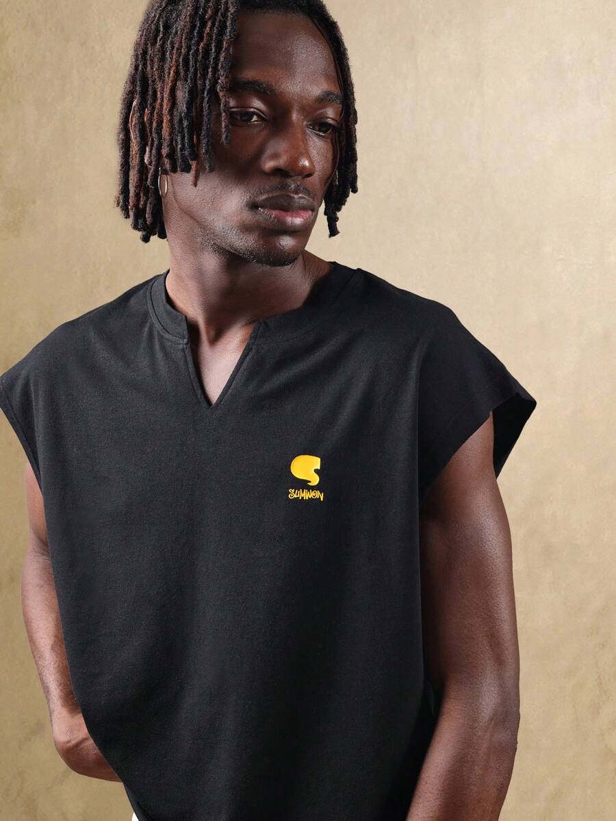 SUMWON Débardeur streetwear sans manches, style rétro hip hop, épaules dénudées, t-shirt sport muscle, logo graphique, mode urbaine unisexe, porter pour les festivals d'été, décontracté - Noir - Voir 1