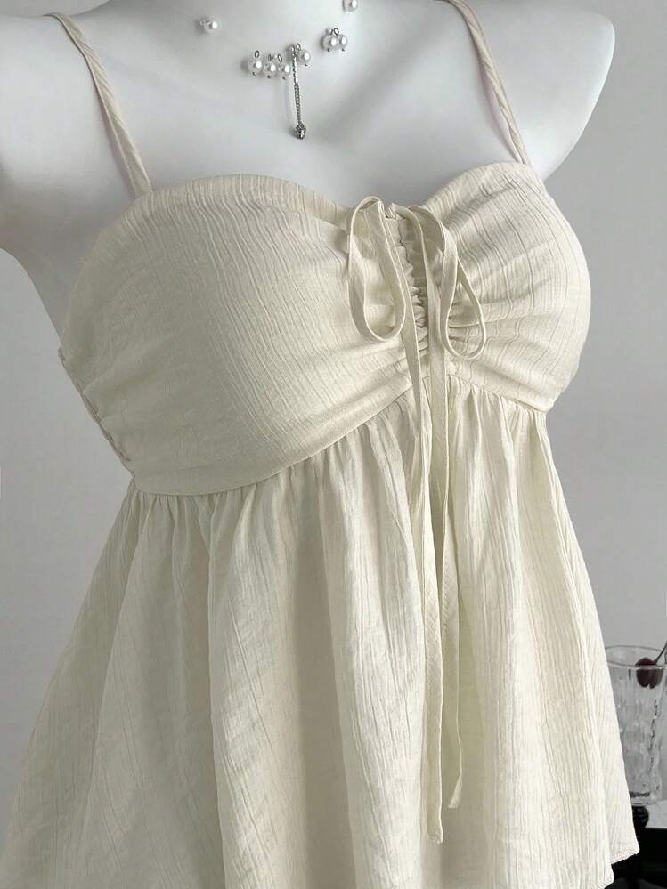 Cute Solid Color Ruffled Tank Top For Ladies, Summer Clothes For College - Apricot - View 5
