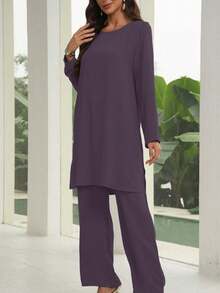 Graceveil 2 件套女士纯色圆领长袖上衣和宽松直筒休闲裤套装 2 件套 - 紫色 - 查看 3
