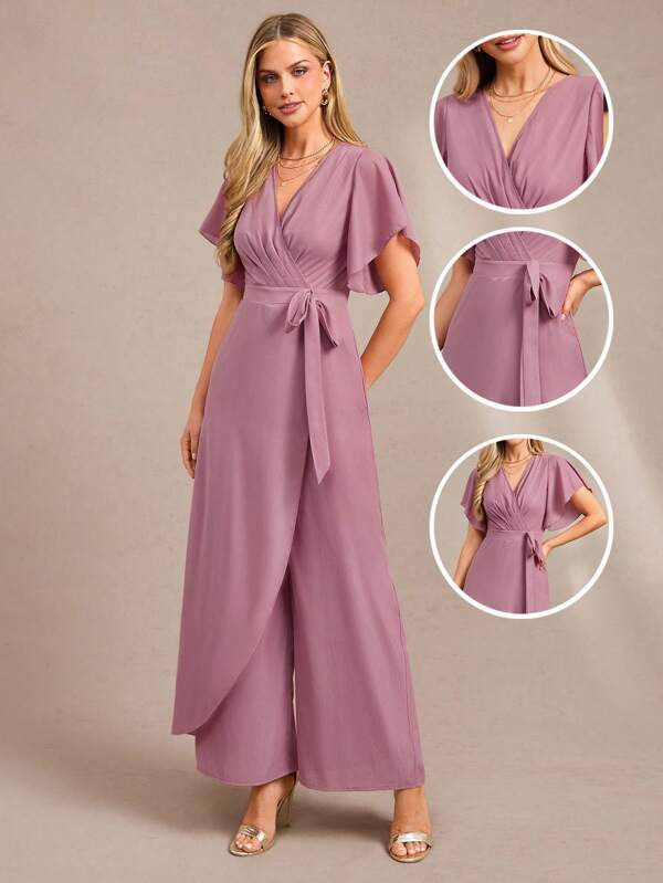 Amorya Women's Solid Color Elegant Butterfly Sleeve Self-Tie Waist Wide Leg Jumpsuit