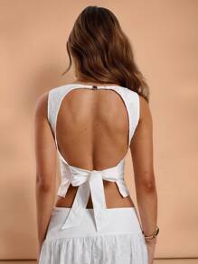 SHEIN BAE Women's Sexy Solid Color Lace Backless Tied Crop Tank Top, Summer - White - View 3