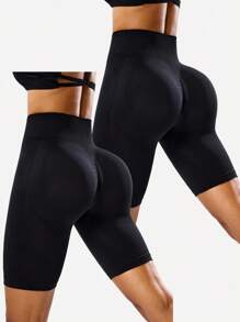 Easithlete 2条装女士高腰纯色无缝及膝运动短裤收腹骑行短裤女士高腰骑行短裤女士健身短裤瑜伽黑色短裤 - 黑色 - 查看 2
