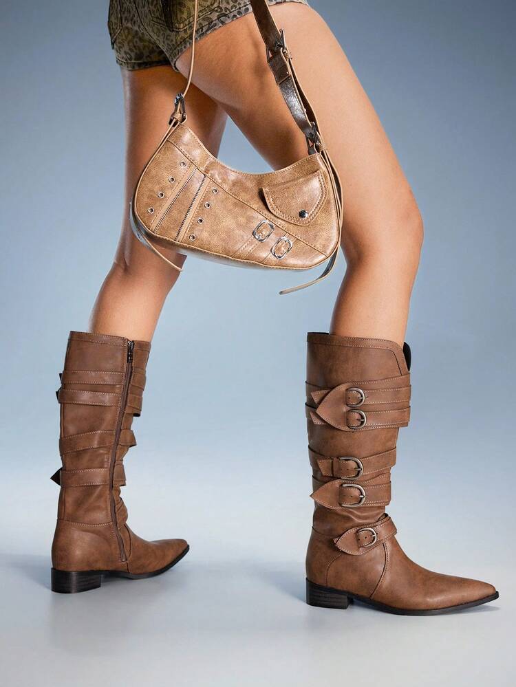 CUCCOO GRLICON Brown Slip-On New Autumn/Winter Pointed Toe Retro Chunky Heel Western Cowgirl Mid-Calf Boots, Suitable For Christmas, Halloween, Music Festivals, Y2K Style