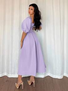 Elenzga Women's Purple Elegant Summer Wedding Dress,Simple Commuting Business Casual Square Neck Ruffle Hem Puff Short Sleeve Solid Color Vacation Dress - Mauve Purple - View 2