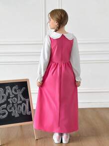 SHEIN Sparklyn Tween Girls Casual Lovely Peter Pan Collar Ruffle Sleeve 2-In-1 Cinched Waist Dress, Spring & Autumn Fall Winter - Pink - View 2