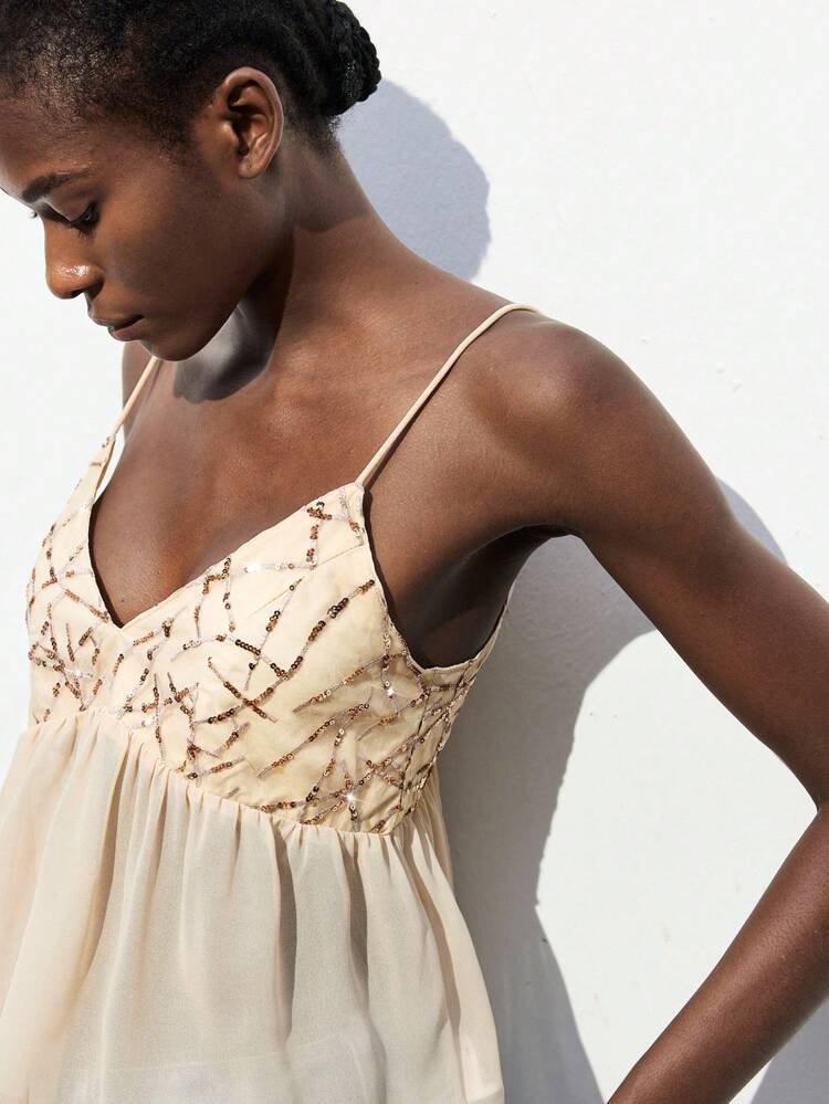 SHEIN Maija Women's Chiffon Sequin Camisole Top, Adjustable Straps, Sexy, Fashion Versatile Elegant Romantic Bohemian Style Cropped Top, Suitable For Beach, Graduation, Holiday , Shoulder Strap Top