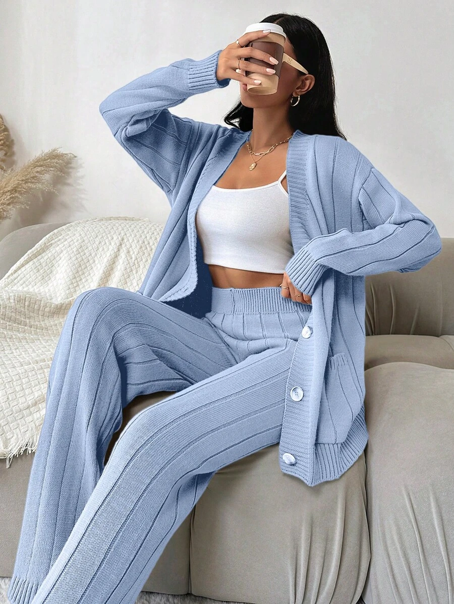 EURMUSE Ensemble Deux Pièces Cardigan Ample Et Pantalon Tricoté Pour Femmes - Bleu ciel - Voir 1