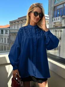 EURMUSE Camisa con cuello alto y mangas de linterna decoradas con diamantes 100% algodón - azul real - Ver 3