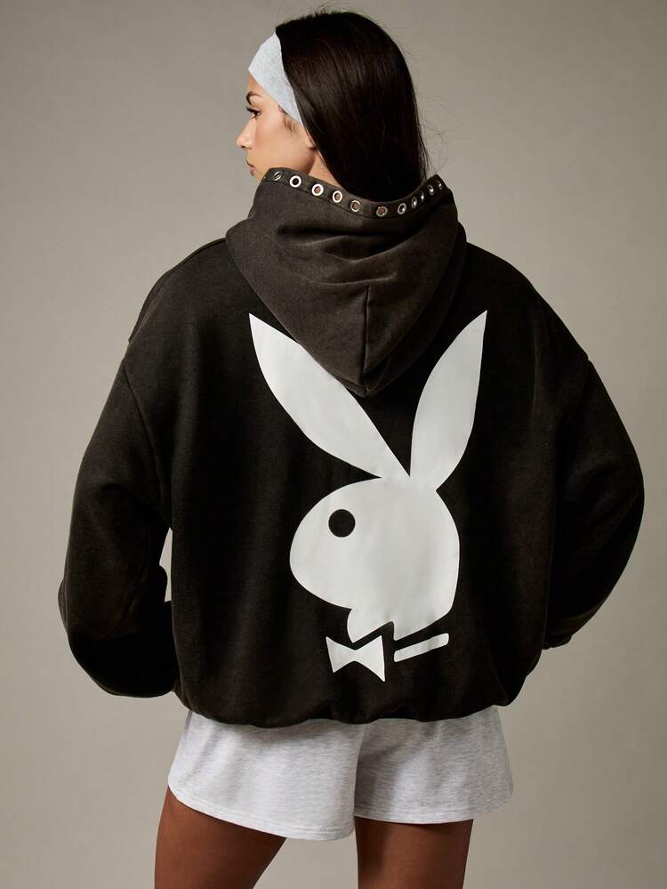 Missguided x Playboy Oversized Hoodie With Metal Eyelets And Bunny Logo