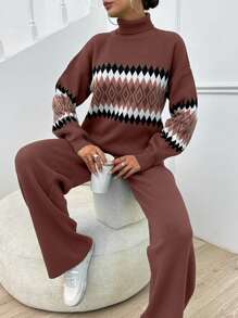 SHEIN Tall Women's Geometric Pattern High Neck Sweater 2pcs/Set, Tall Women - Rusty Rose - View 4