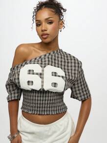 SUMWON WOMEN Off Shoulder Shirred Waist Crop Top With Sports Number Applique 66 Casual Street Style Retro Design Oversized Chic Statement Fashion Fall Winter - Black - View 6