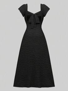 xheRafferiza Vestido largo elegante y delgado de unicolor con espalda descubierta, lazo y mangas de loto con abertura alta, para vacaciones y citas en primavera/veranoxhe - Negro - Ver 7