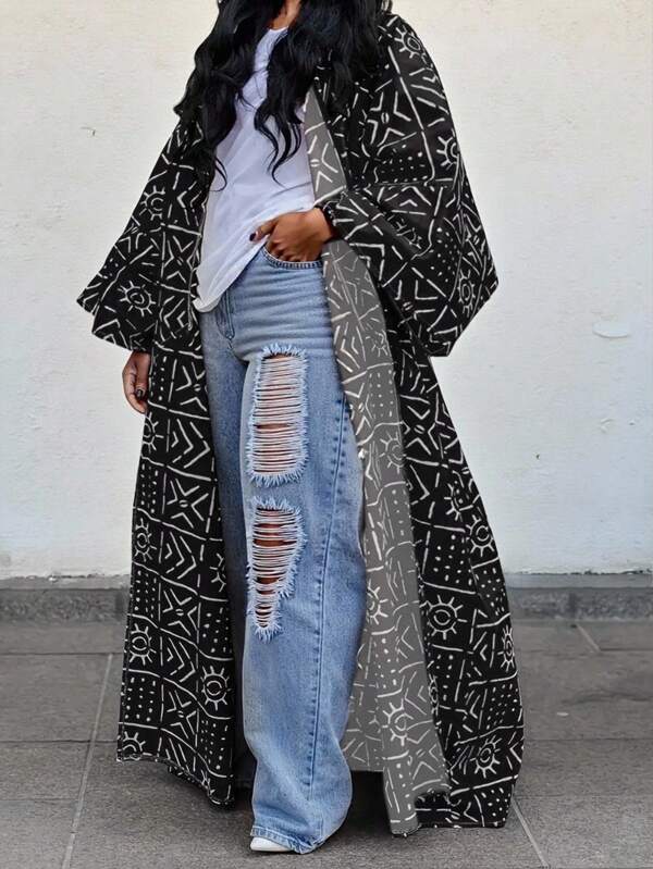 1pc Elegant Long Sleeve Coat - Polyester Fashionable Multi-Purpose Long Coat, Allover Printed, Casual Loose Fit, Suitable For All Seasons