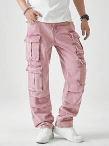 Chillumni 现代男士粉色宽松阔腿牛仔工装裤 - 长款休闲裤，配有实用侧袋 - 粉色 - 查看 7