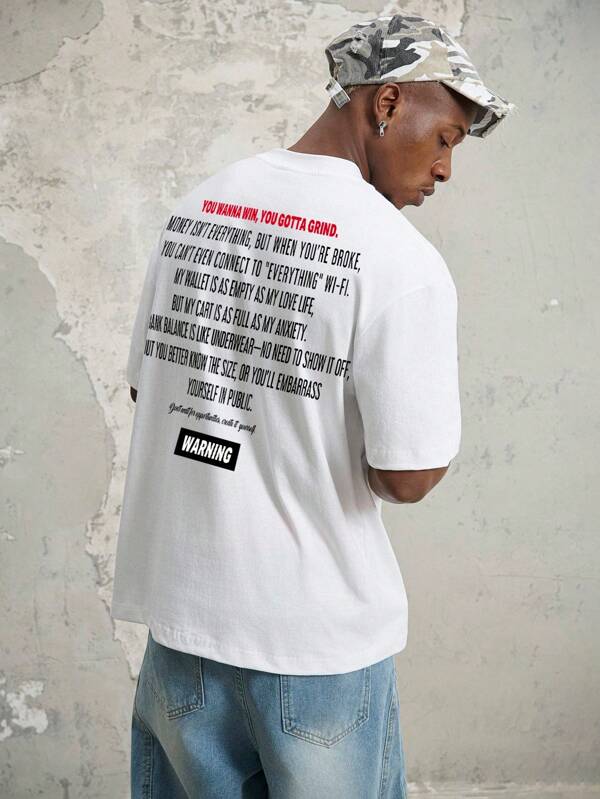 Manfinity ZONE917 Streetwear Casual "WARNING" Red & White Slogan Oversized Graphic Cotton Knit T-Shirt (Wide Sleeves, Neckline, Hem)