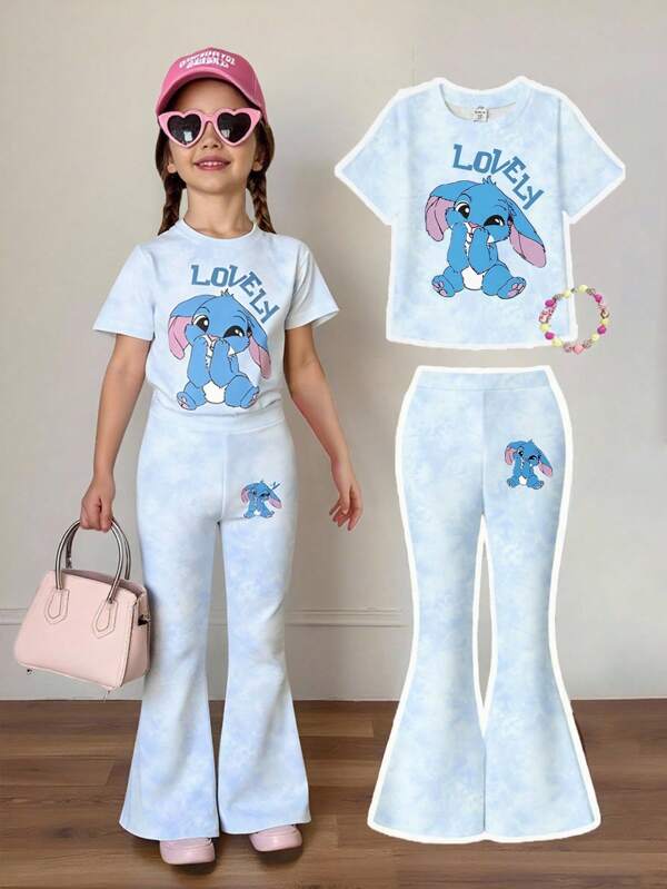 Young Girl' Casual Fashion Cute Cartoon Rabbit Print Relaxed Short Sleeve Top And Bell-Bottom Pants Set Flare Pants Set Kids Bell Bottoms Girl 2 Piece Set Little Girl Co Ord Set Tween Girl Clothes Pants Set Kids Tie Dye Flare Pants Set Girls 2 Piece Pants Set
