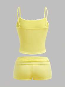 Girlism Teen Girls 2-Piece Set, Spring/Summer, New Year, Valentine's Day - Clean Girl Style, Yellow Ribbed, Sleeveless Top & Shorts, Summer Casual Solid Color V-Neck Cami Top & Shorts Set, Vacation Style, Holiday, Grey/Vintage Yellow Two Piece Set Summer 2 Piece Set Two Piece Set Teen Girl Teen Yellow Outfit Sleeveless Top Set - Yellow - View 2