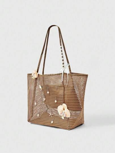 Fairycore 1pc Handmade Woven Tote Bag With Artificial Orchid, Lily Decor, Large Capacity Shoulder Bag, Suitable For Summer Vacation & Beach (Accessories Need To Be DIY Assembled)