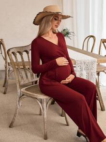 SHEIN Jumpsuit Hamil Elegan Warna Polos dengan Ikat Pinggang dan Saku Samping, Lengan Panjang, Cocok untuk Bepergian dan Kencan - Burgundy - View 6