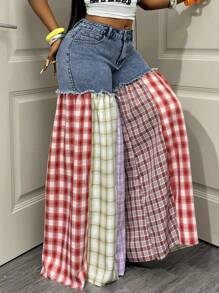 BamGleam Women's Fashion Color Block Plaid Wide Leg Jeans - Multicolor - View 5