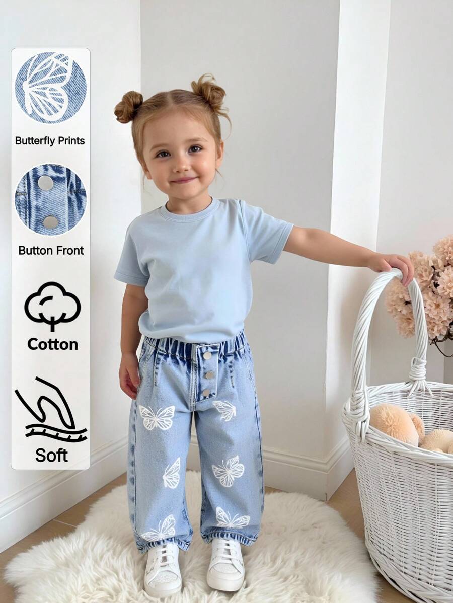 宽松裤夏季女婴牛仔裤 宽松牛仔裤蝴蝶印花女婴牛仔裤 - 中等水洗藍 - 查看 1