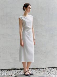 Chiquease Women's Elegant White Linen Blend Midi Dress With Round Neck And Cap Sleeves, Soft And Modest Design For Any Occasion. - White - View 3