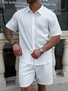 Manfinity Homme 大码男士纯色短袖衬衫和短裤套装