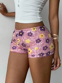 Aloruh Short femme sexy et mignon taille basse avec sequins, perles et broderie. Style Y2K, streetwear pour femme, idéal pour l'aéroport - Bleu ciel - Voir 6
