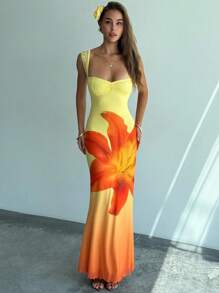 Aloruh 全新浪漫渐变黄色花卉印花修身弹力派对连衣裙，蕾丝装饰露背紧身长裙 - 黃色 - 查看 6