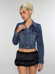 Jeanoix 纯色前扣口袋休闲长袖牛仔夹克 - 藍色 - 查看 4